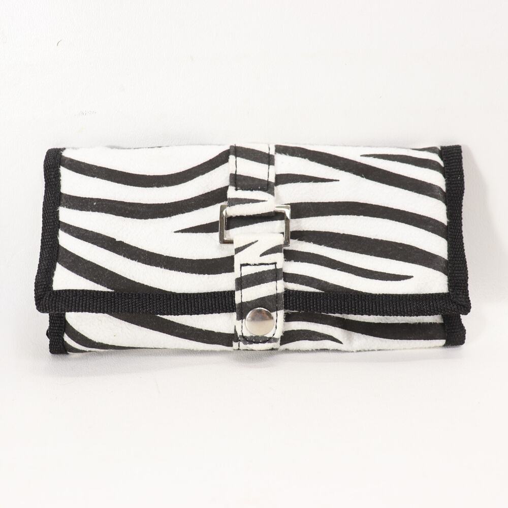 Vtg GMC Fuzzy Zebra Jewelry Rollup Bag Travel Clear Pockets Snap Trifold